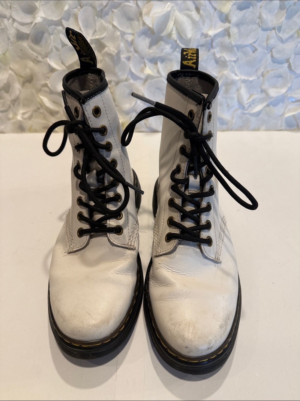 Dr. Martens White Leather Lace-Up Boots with Black Trim
